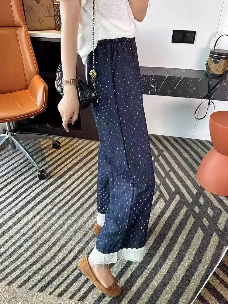 Dark Blue Wide Leg Pants with Lace Trim for Women — feature 10