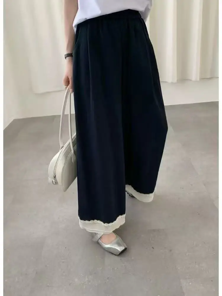 Dark Blue Wide Leg Pants with Lace Trim for Women — feature 11