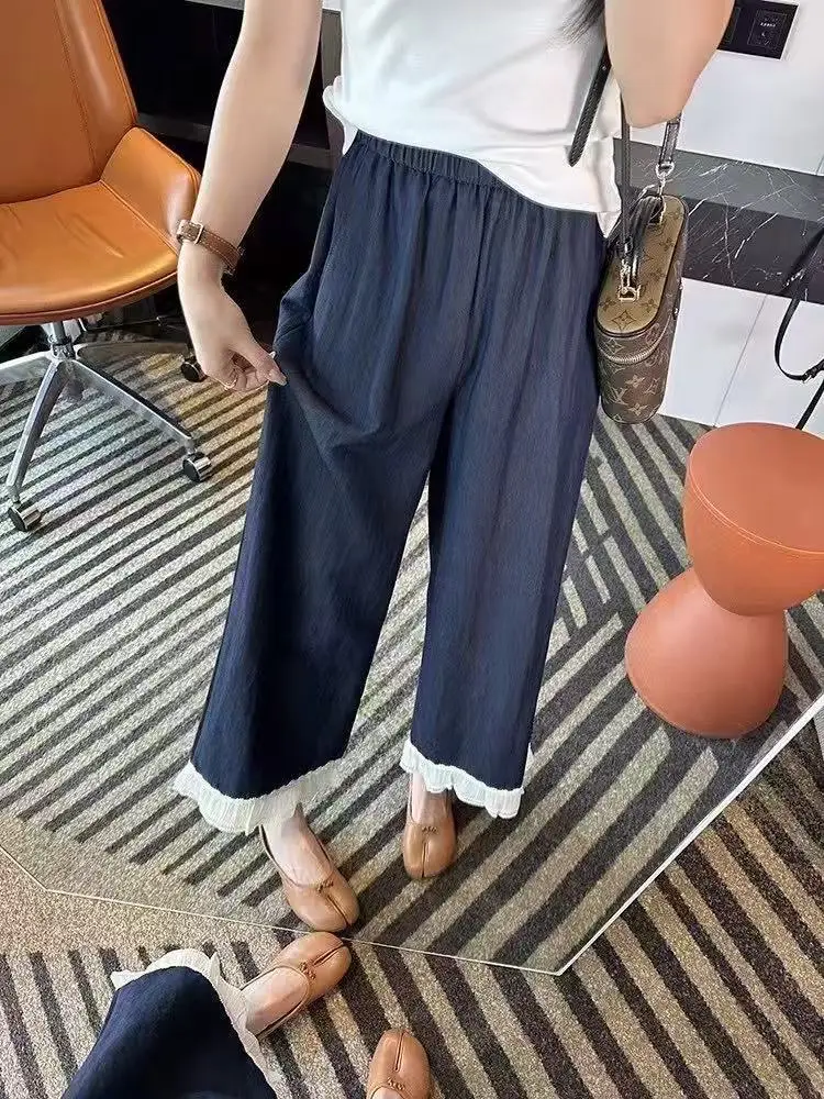 Dark Blue Wide Leg Pants with Lace Trim for Women — feature 6