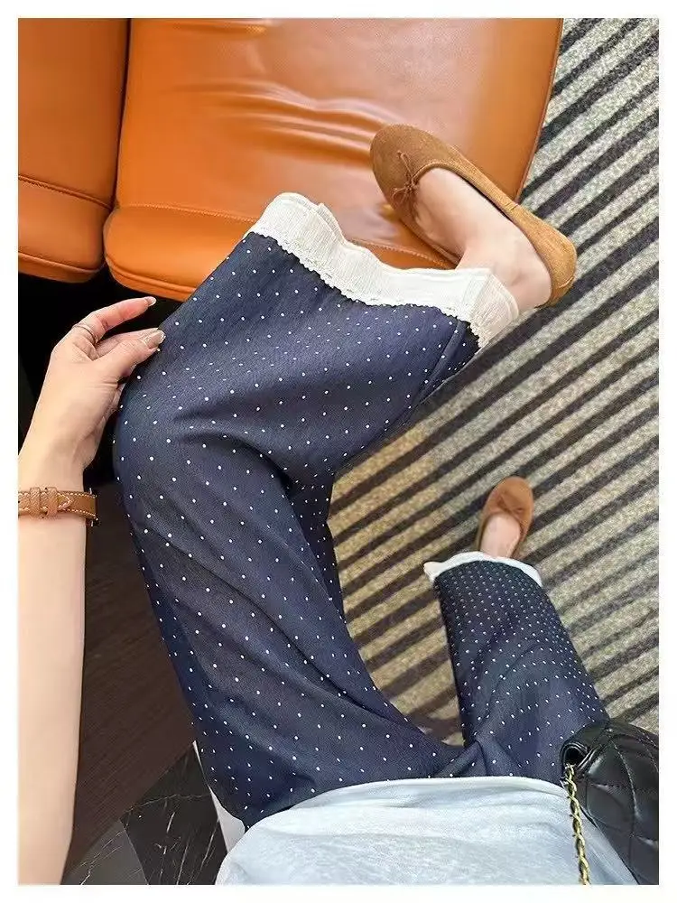 Dark Blue Wide Leg Pants with Lace Trim for Women — feature 7