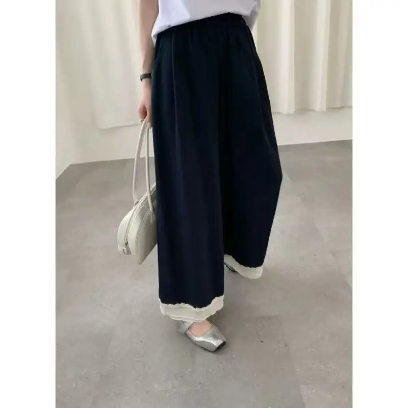 Dark Blue Wide Leg Pants with Lace Trim for Women