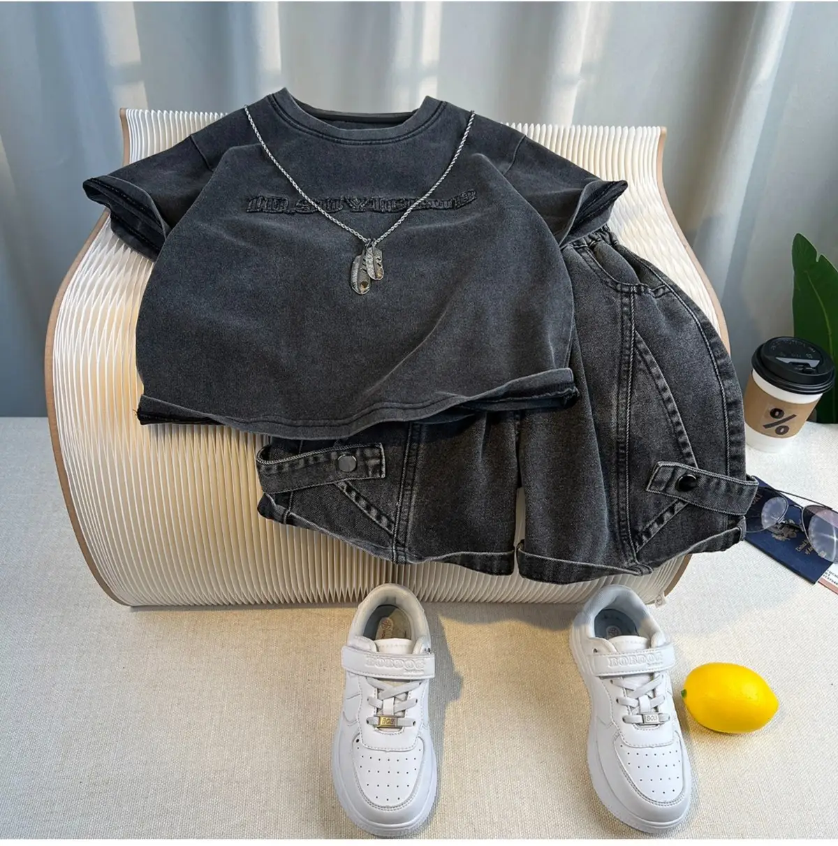 Boys Korean Style Short Sleeve T-Shirt Shorts Set Black