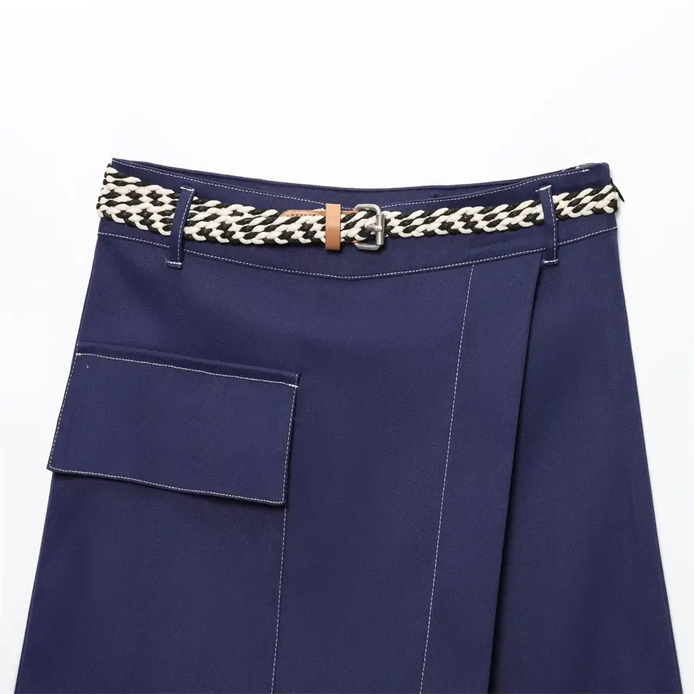 Women's Navy Belted Double-Breasted Skirt Pants 2025 - Image 4