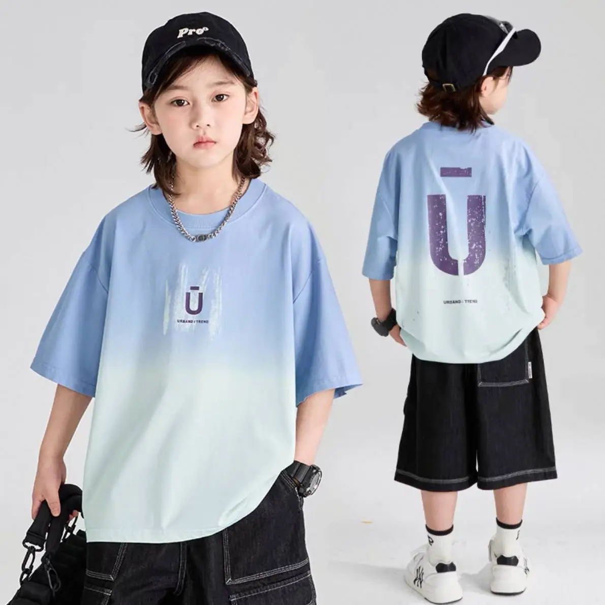 Boys Round Neck Cool T-Shirt Blue Gradient Loose Summer Wear - Image 3