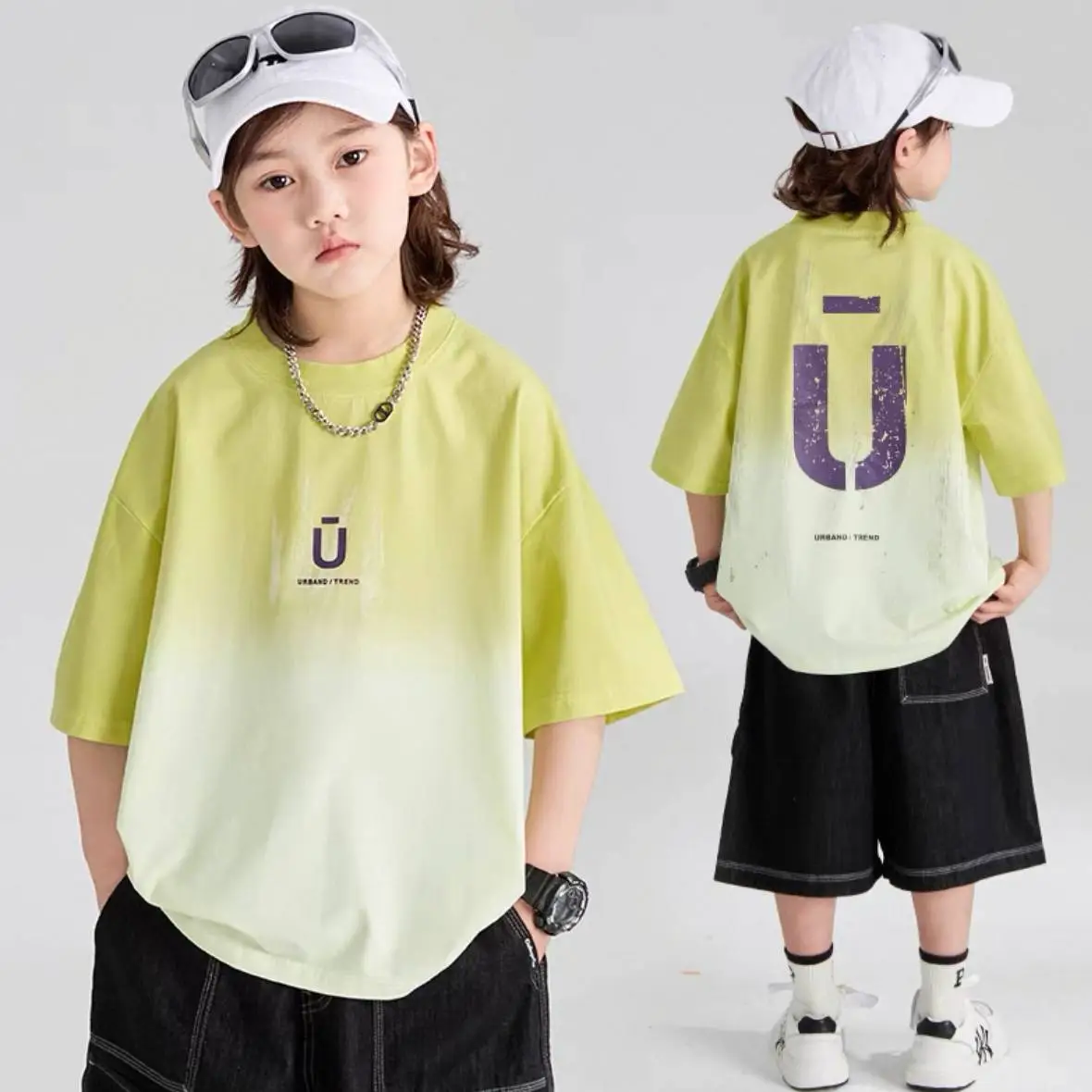 Boys Round Neck Cool T-Shirt Blue Gradient Loose Summer Wear - Image 4