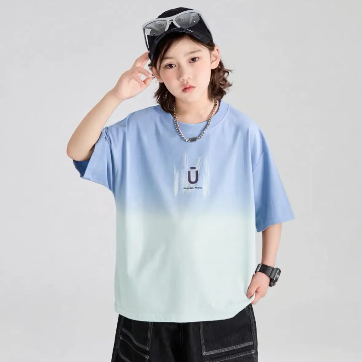 Boys Round Neck Cool T-Shirt Blue Gradient Loose Summer Wear - Image 5