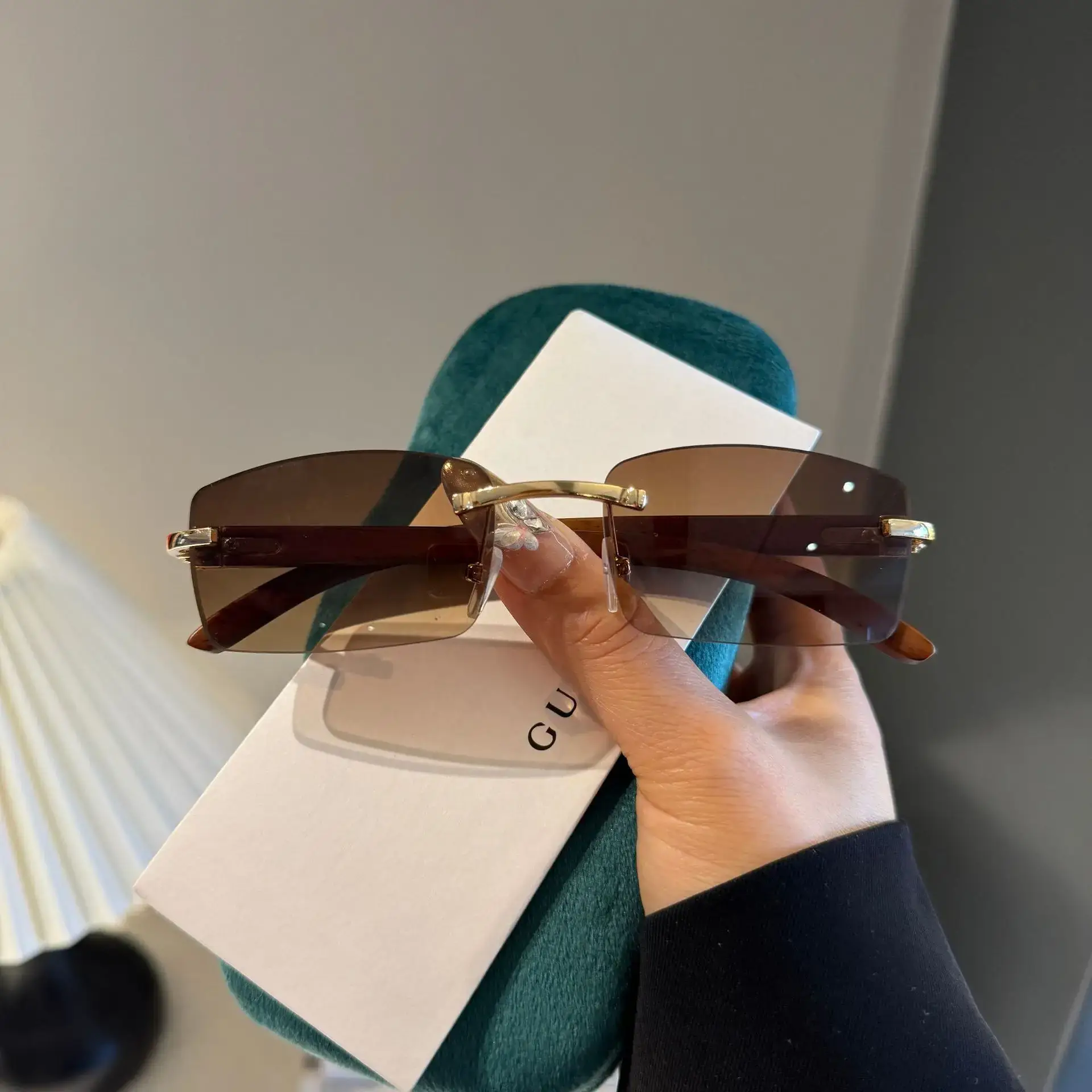 Rimless Gradient Brown Square Cut Sunglasses for Women Men - Image 8