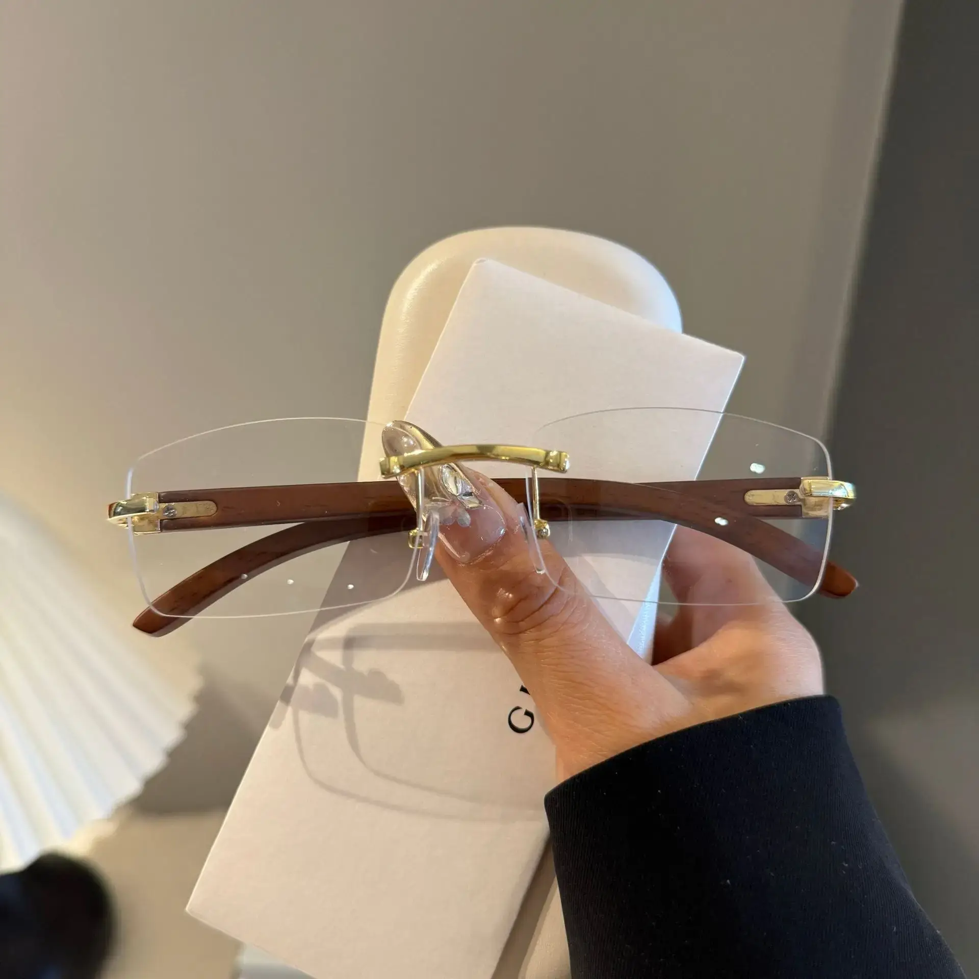 Rimless Gradient Brown Square Cut Sunglasses for Women Men - Image 9