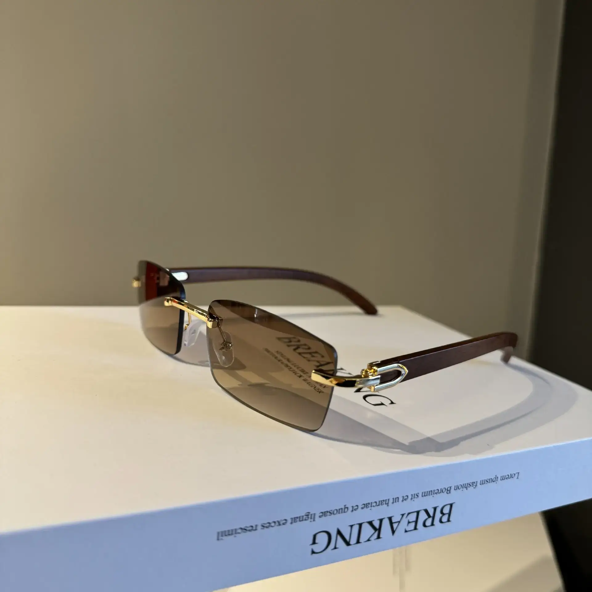 Rimless Gradient Brown Square Cut Sunglasses for Women Men — feature 4