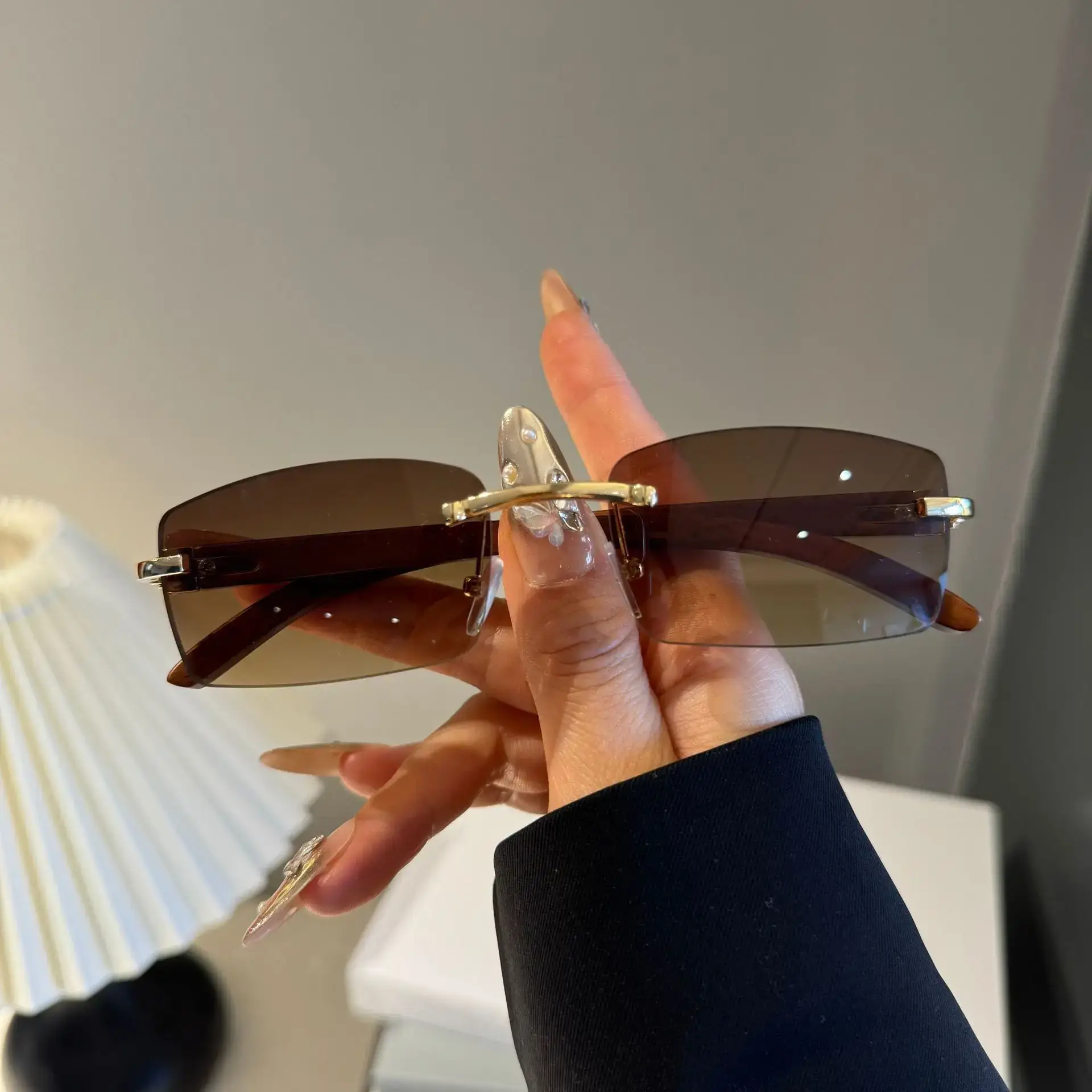 Rimless Gradient Brown Square Cut Sunglasses for Women Men - Image 2