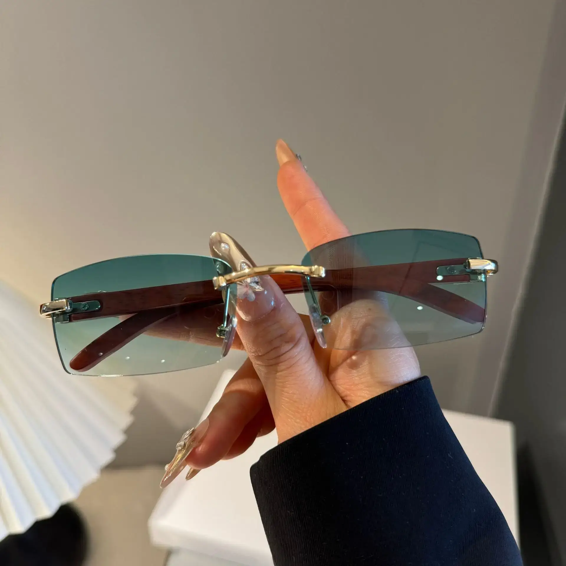 Rimless Gradient Brown Square Cut Sunglasses for Women Men - Image 3