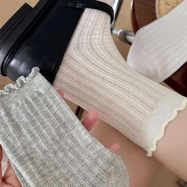 Socks for Women Pure Color Cut Out Mid-Calf Socks Mesh Breathable Pile Socks Summer Thin Stockings Fungus Lace Socks — feature 3