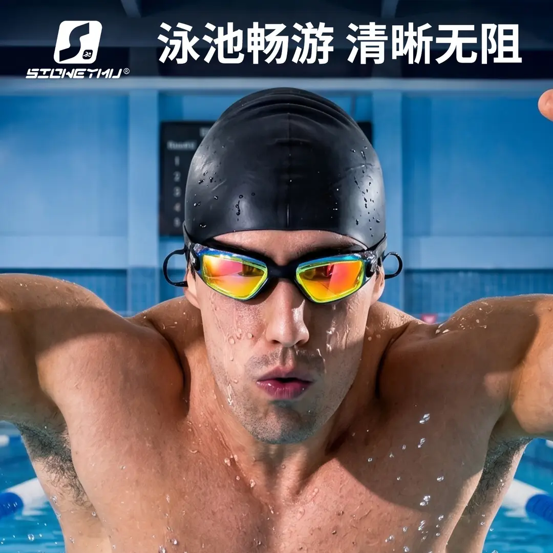 High-Definition Swimming Goggles with Electroplated Integrated Earplugs, Popular Waterproof and Anti-Fog Non-Prescription and Prescription Swimming Glasses, Direct Sales