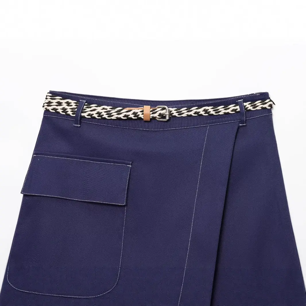 Double Breasted Cross-Border Culottes Navy Blue Belted - Image 3