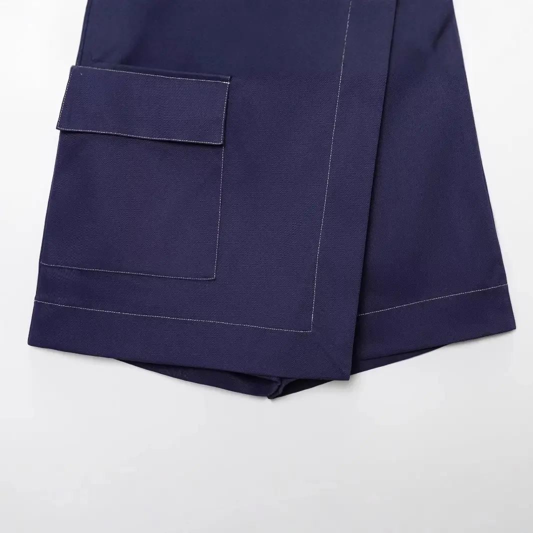Double Breasted Cross-Border Culottes Navy Blue Belted - Image 4