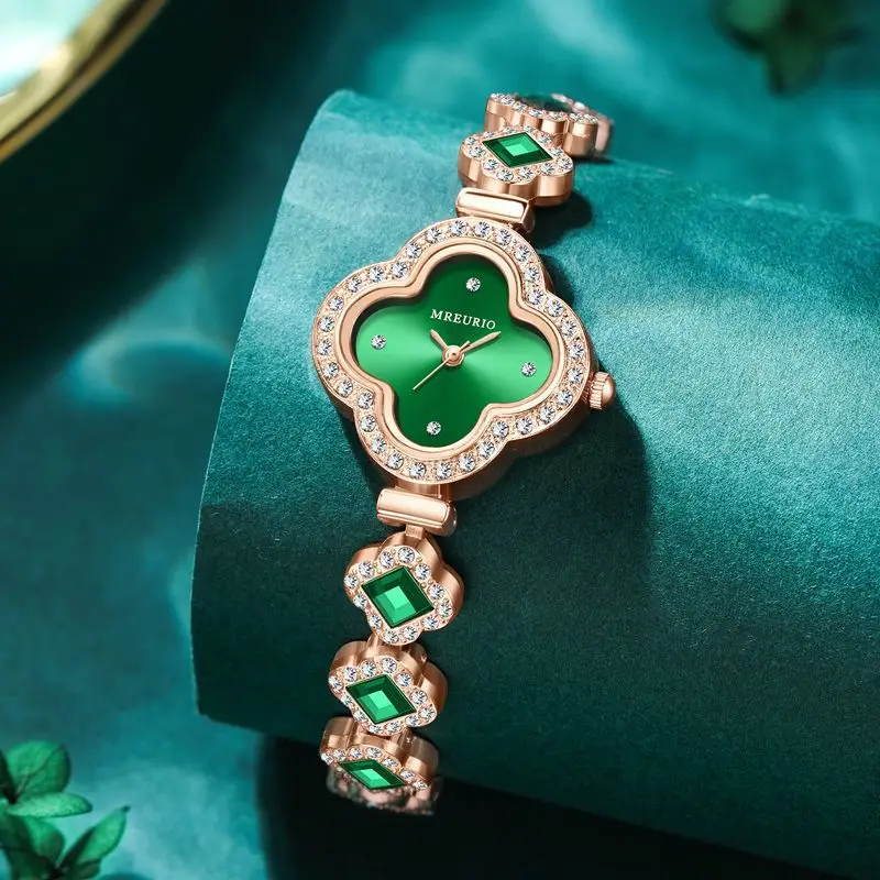 Women's Four-Leaf Clover Quartz Watch with Emerald Stones - Image 8