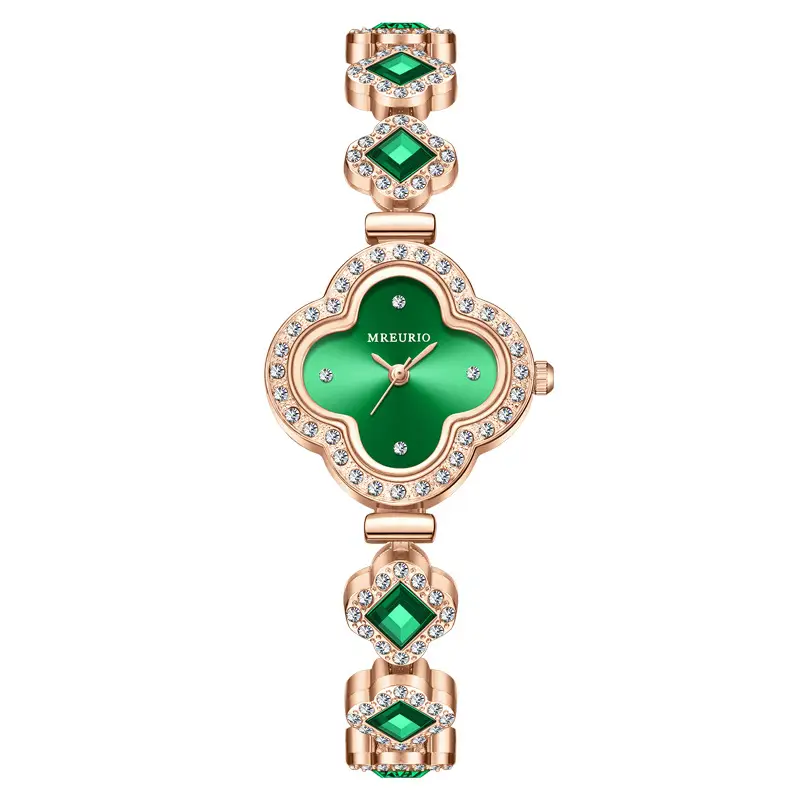 Women's Four-Leaf Clover Quartz Watch with Emerald Stones - Image 11