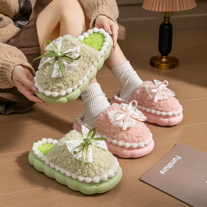Sweet Bow Cotton Slippers for Women in Autumn and Winter Indoor Home Use Dormitory Plus Plush Thick-Soled Warm Confinement Slippers - Image 6
