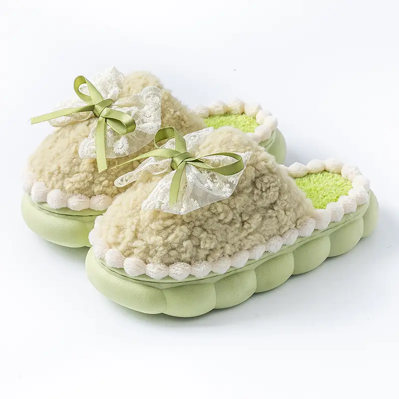 Sweet Bow Cotton Slippers for Women in Autumn and Winter Indoor Home Use Dormitory Plus Plush Thick-Soled Warm Confinement Slippers - Image 2