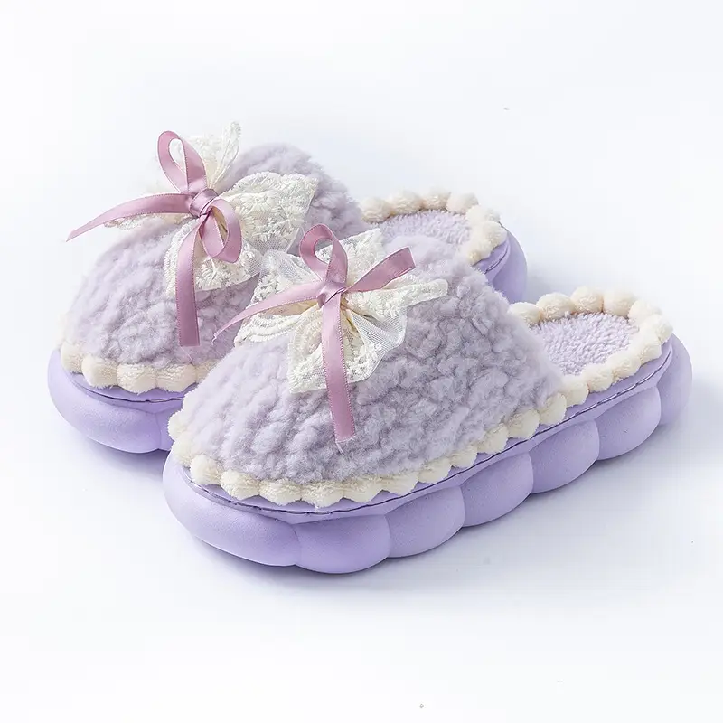 Sweet Bow Cotton Slippers for Women in Autumn and Winter Indoor Home Use Dormitory Plus Plush Thick-Soled Warm Confinement Slippers - Image 3
