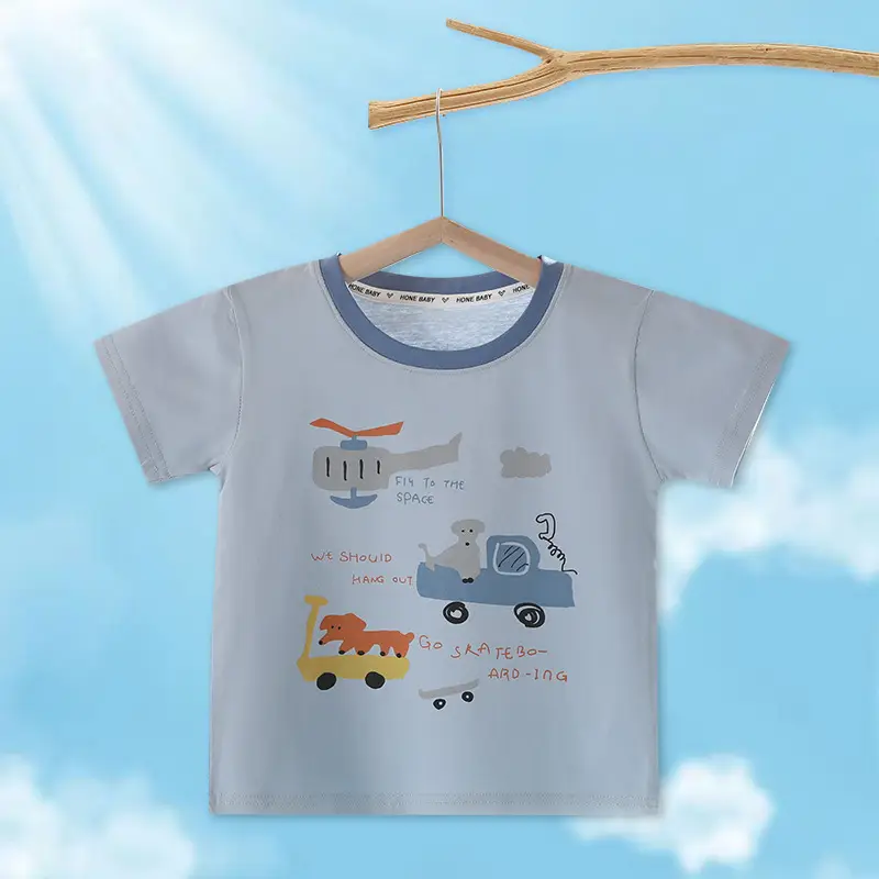 Kids Cartoon Printed Short Sleeve T-Shirt Light Blue - Image 4