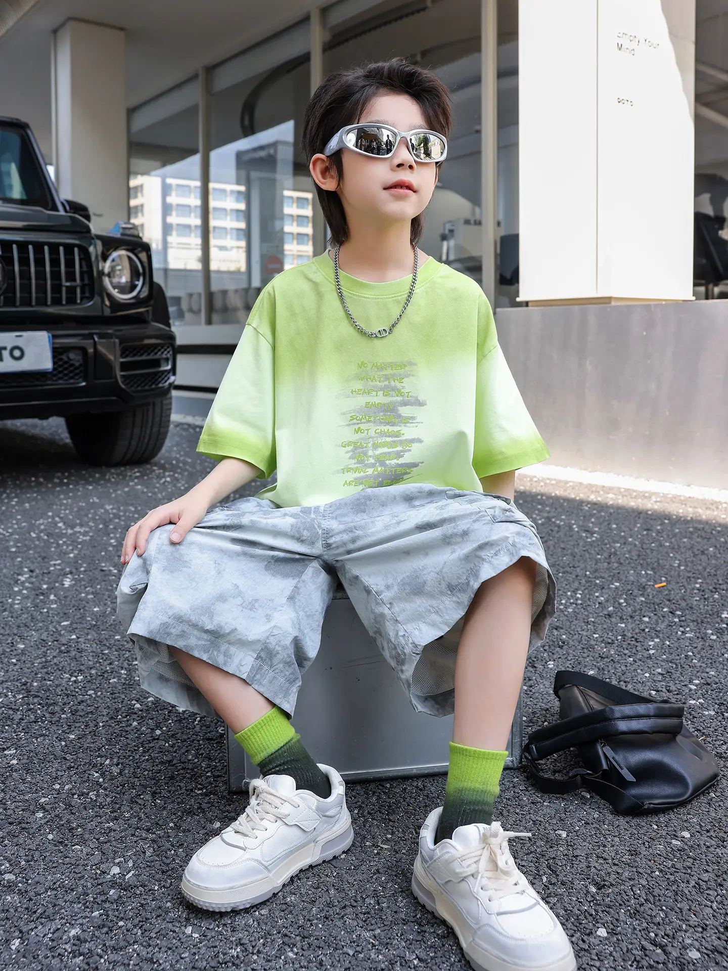 2025 Kids Tie-Dye Cotton T-Shirt Green Panda Yuan Yuan