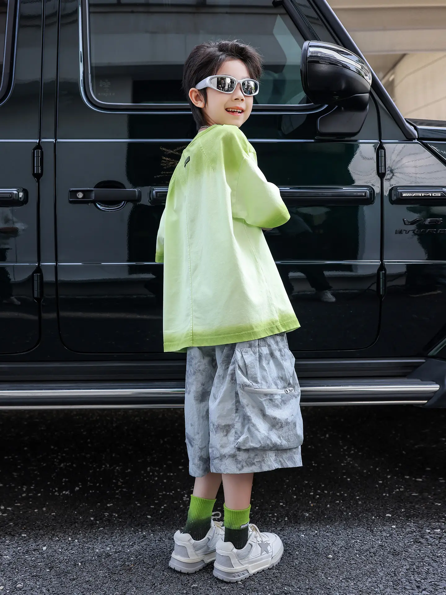 2025 Kids Tie-Dye Cotton T-Shirt Green Panda Yuan Yuan