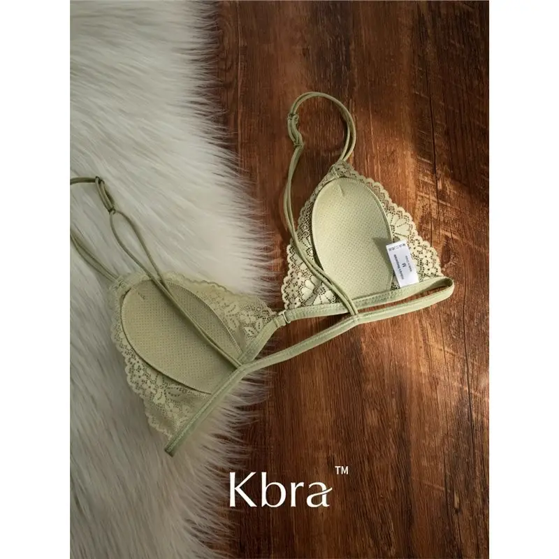 Kbra French Front Button Lace Triangle Cup Intimates Women's Wire-Free Push-Up Summer Ultra-Thin Spaghetti Straps Beautiful Back Bra