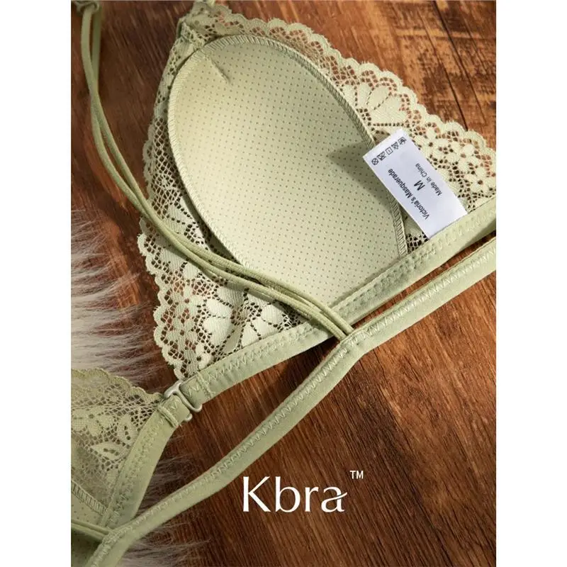 Kbra French Front Button Lace Triangle Cup Intimates Women's Wire-Free Push-Up Summer Ultra-Thin Spaghetti Straps Beautiful Back Bra