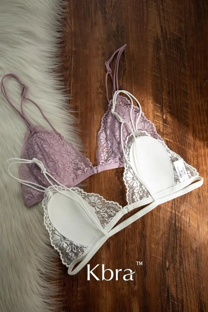 Kbra French Front Button Lace Triangle Cup Intimates Women's Wire-Free Push-Up Summer Ultra-Thin Spaghetti Straps Beautiful Back Bra — feature 11