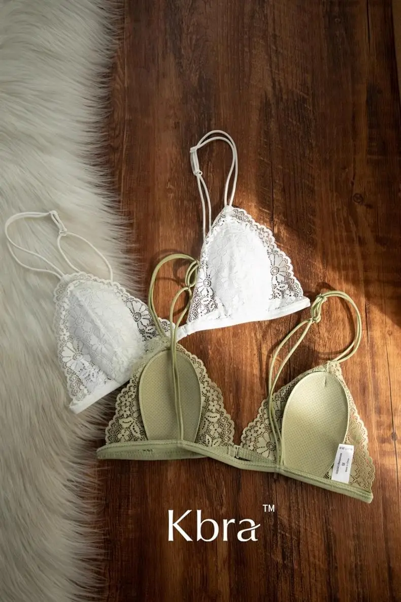 Kbra French Front Button Lace Triangle Cup Intimates Women's Wire-Free Push-Up Summer Ultra-Thin Spaghetti Straps Beautiful Back Bra — feature 17