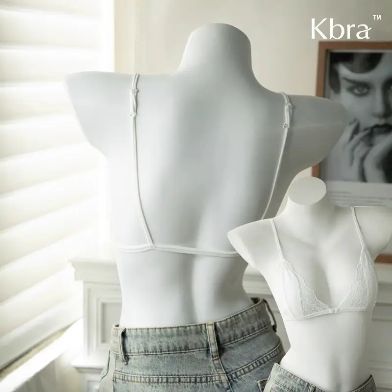 Kbra French Front Button Lace Triangle Cup Intimates Women's Wire-Free Push-Up Summer Ultra-Thin Spaghetti Straps Beautiful Back Bra