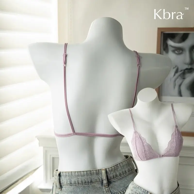 Kbra French Front Button Lace Triangle Cup Intimates Women's Wire-Free Push-Up Summer Ultra-Thin Spaghetti Straps Beautiful Back Bra