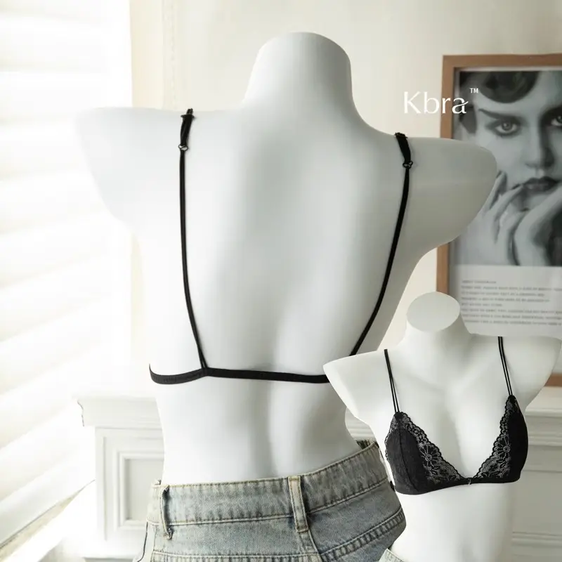 Kbra French Front Button Lace Triangle Cup Intimates Women's Wire-Free Push-Up Summer Ultra-Thin Spaghetti Straps Beautiful Back Bra