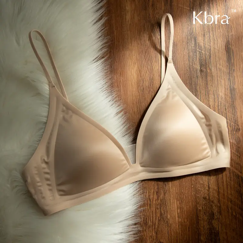 Non-Magnetic Kbra Milk Satin French Deep V Neck Intimates Women's Spaghetti Straps Seamless Triangle Cup Small Breast No Wire Bra