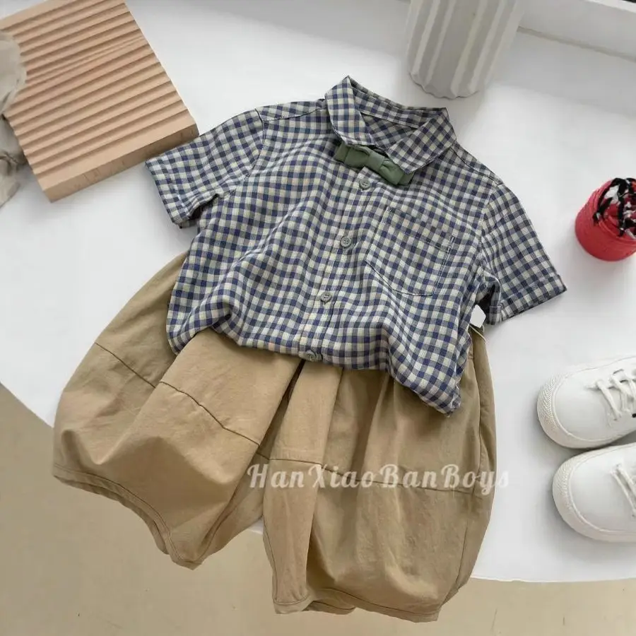 Boys Plaid Checkered Shirt Set Blue White Short Sleeve - Image 4