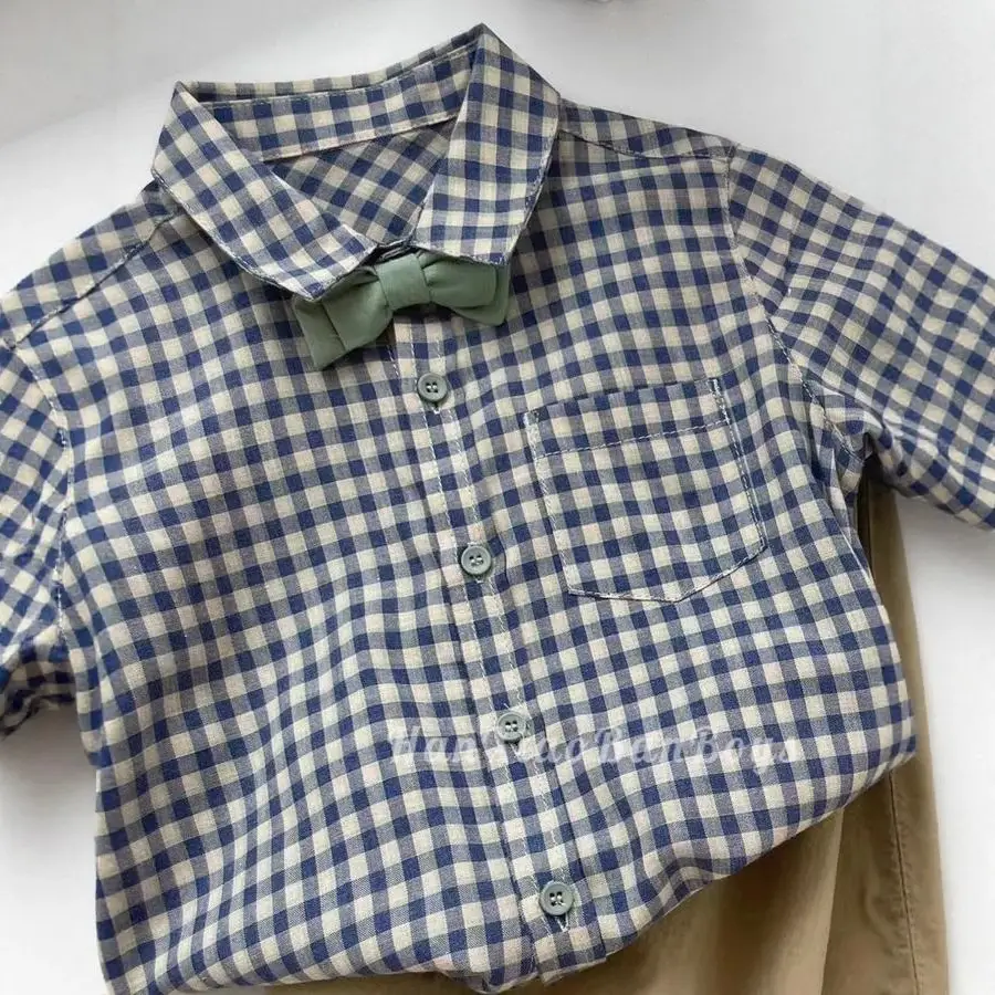 Boys Plaid Checkered Shirt Set Blue White Short Sleeve - Image 6