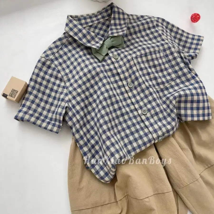 Boys Plaid Checkered Shirt Set Blue White Short Sleeve - Image 7