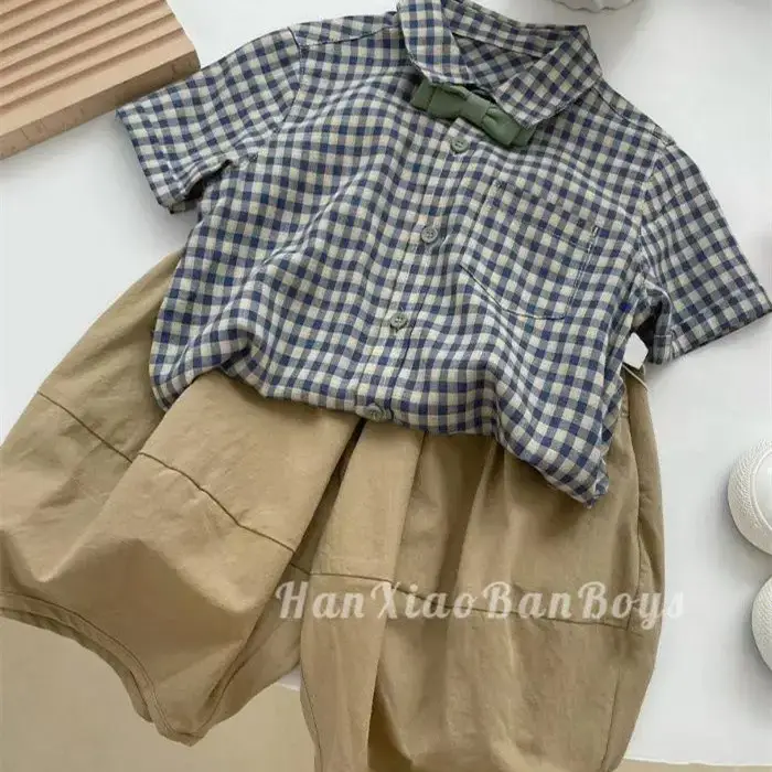 Boys Plaid Checkered Shirt Set Blue White Short Sleeve — feature 1