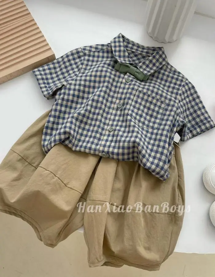 Boys Plaid Checkered Shirt Set Blue White Short Sleeve — feature 3