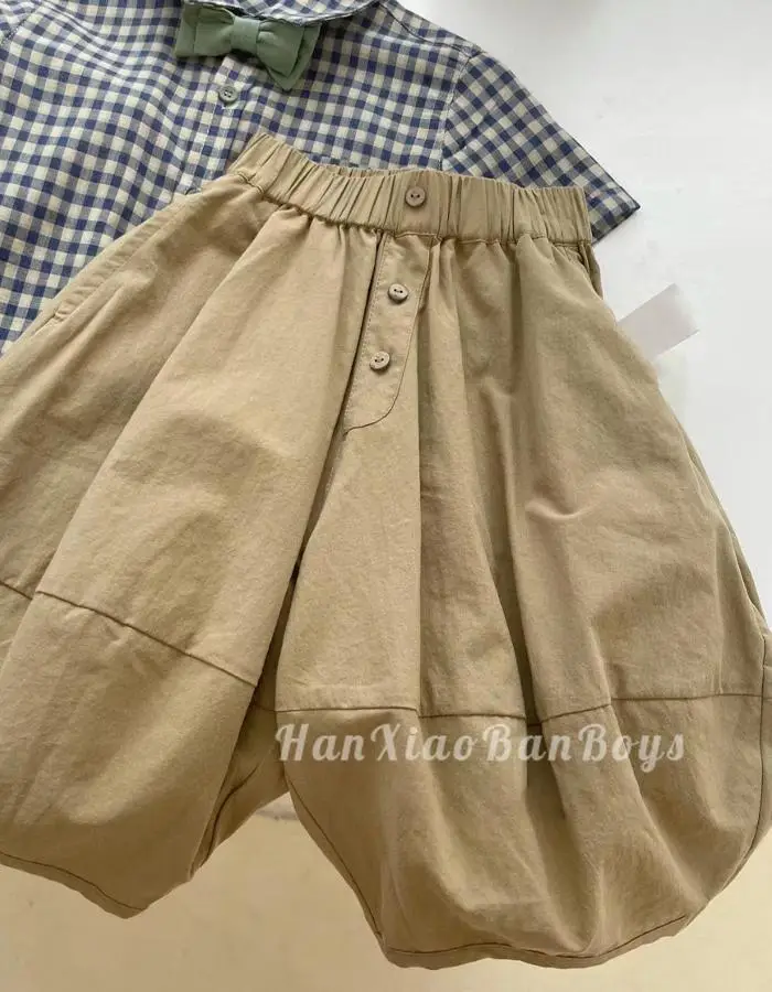 Boys Plaid Checkered Shirt Set Blue White Short Sleeve — feature 4