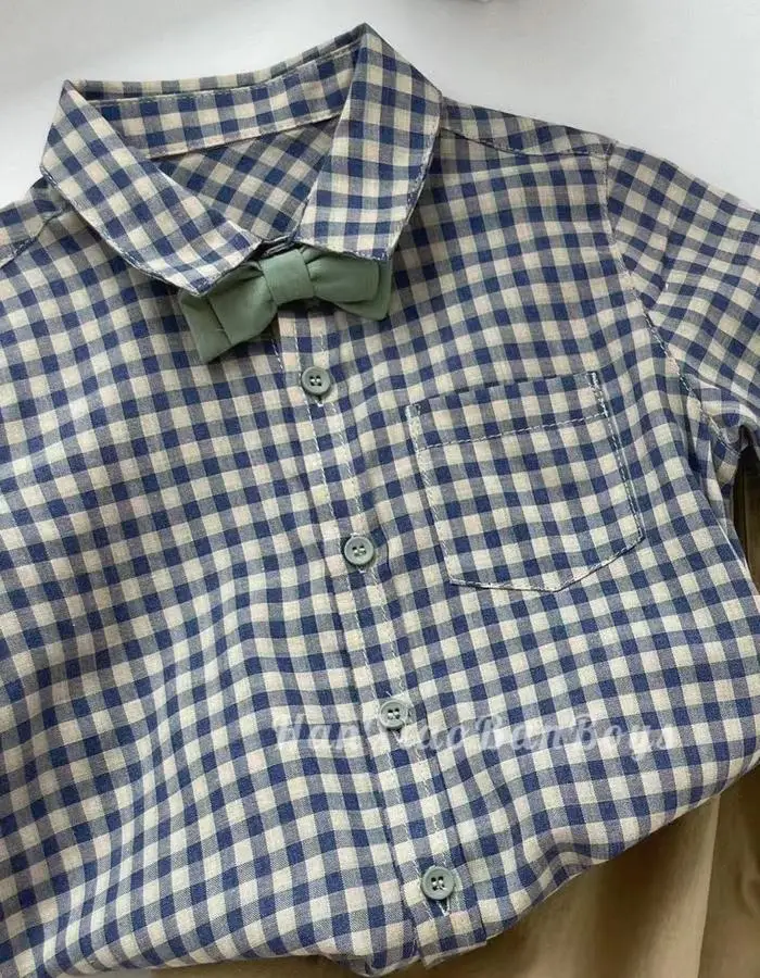 Boys Plaid Checkered Shirt Set Blue White Short Sleeve — feature 5