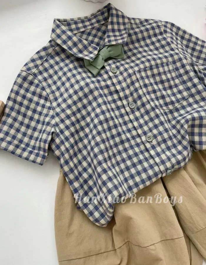 Boys Plaid Checkered Shirt Set Blue White Short Sleeve — feature 6