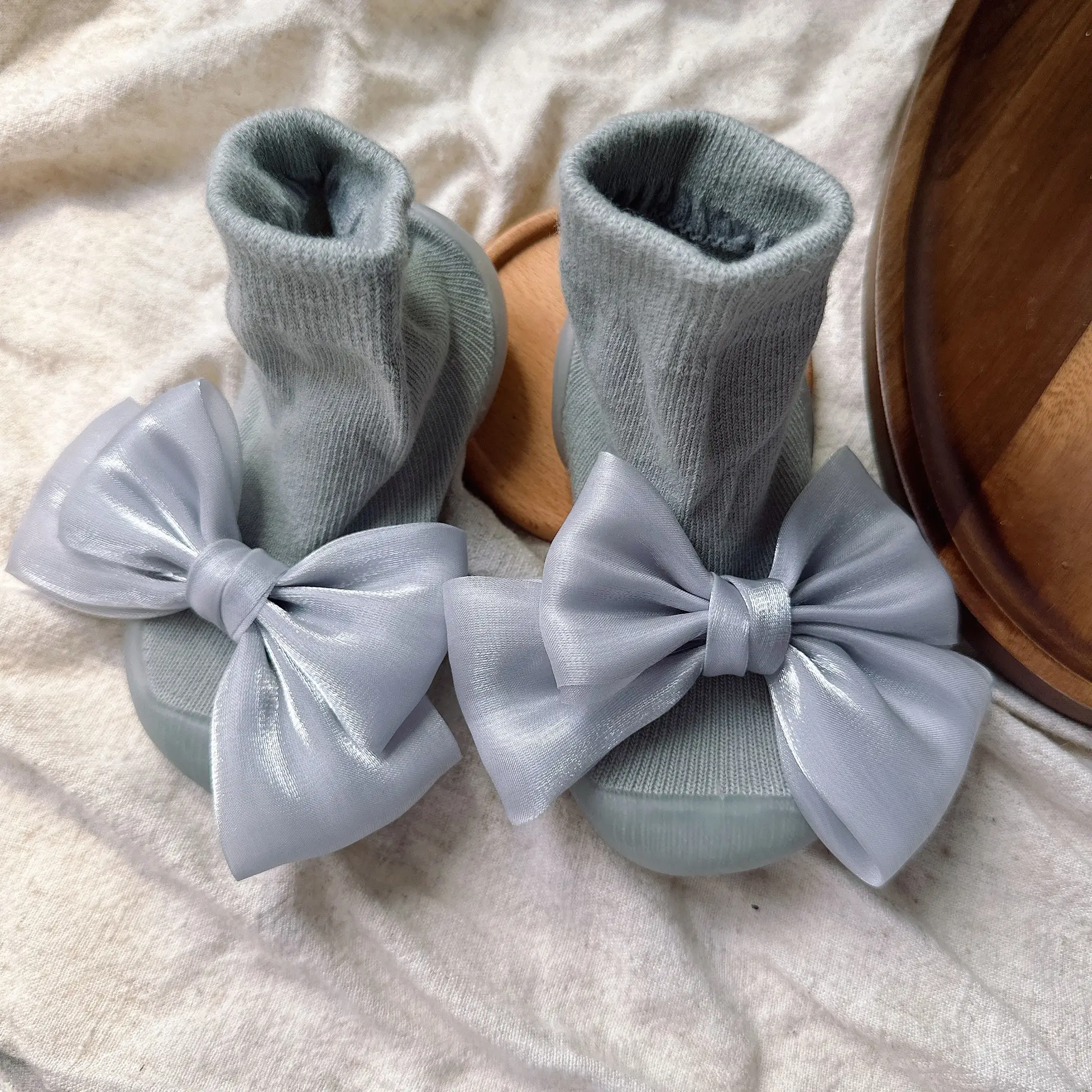 Toddler Bow Baby Shoes Grey Soft Bottom - Image 3
