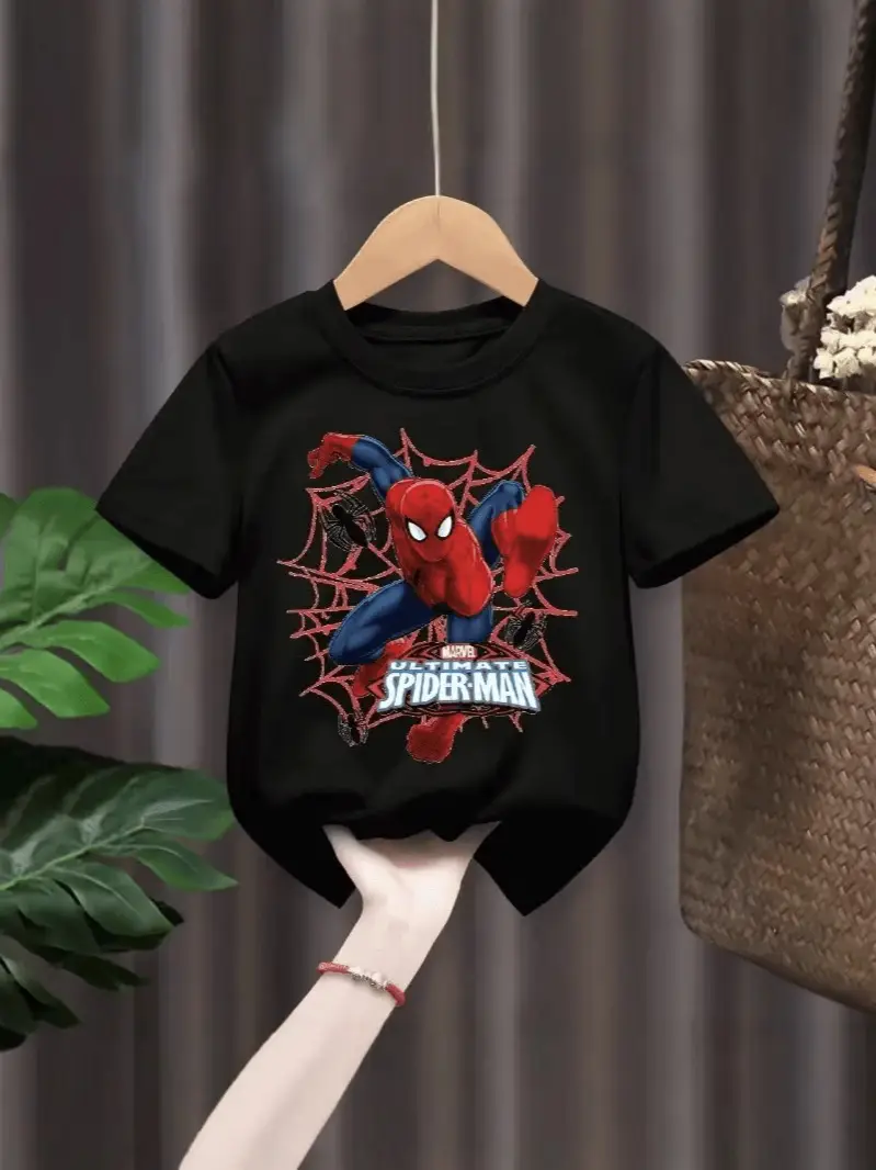Spider-Man Boys Black T-Shirt Short Sleeve Cartoon