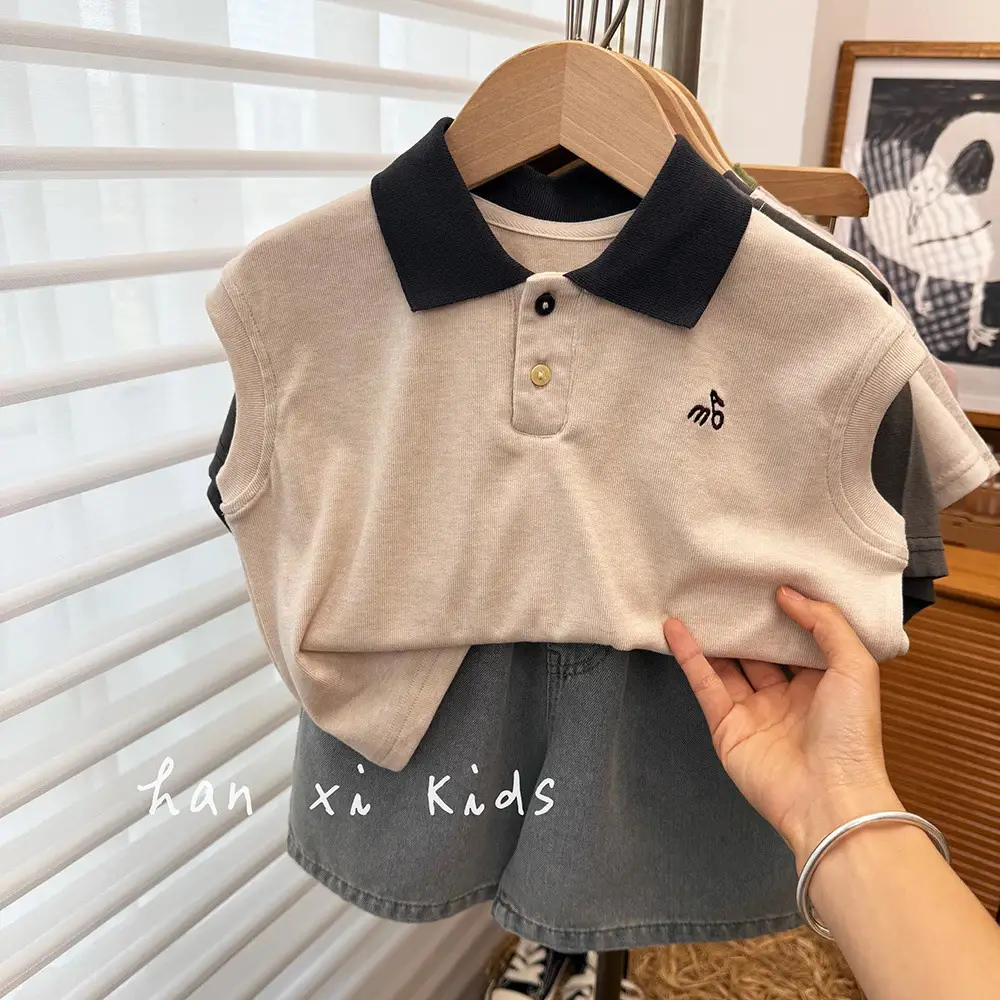 Ningli Boys Sleeveless Polo Shirt Beige Black