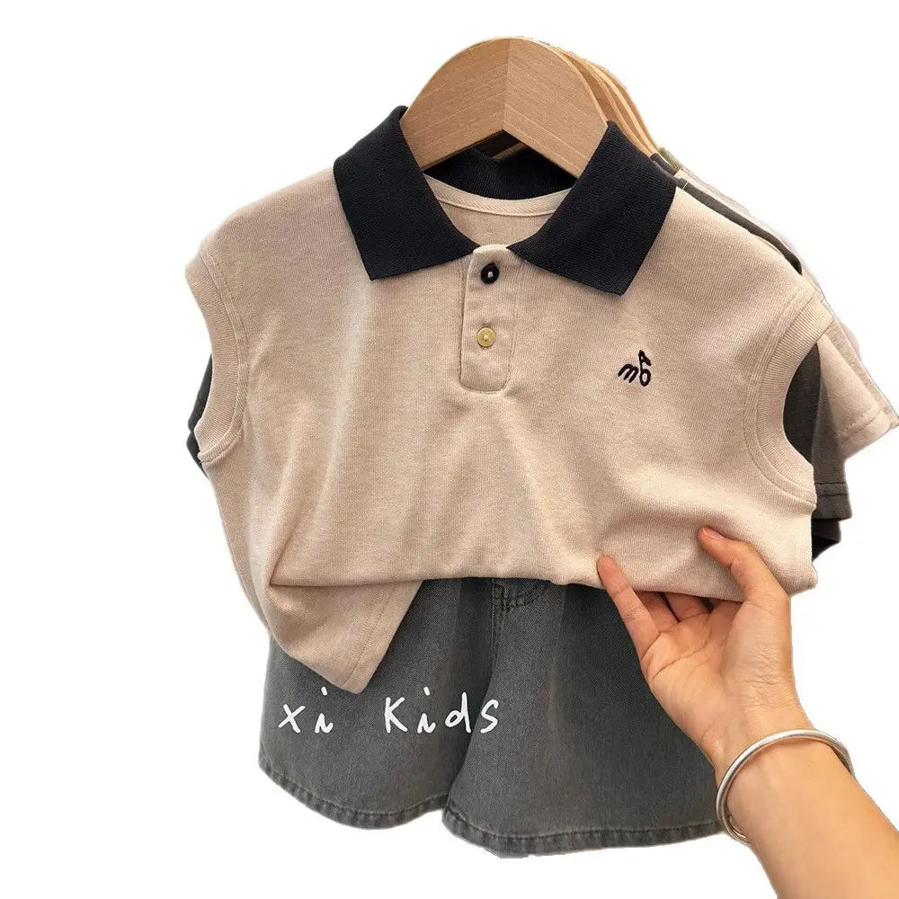Ningli Boys Sleeveless Polo Shirt Beige Black