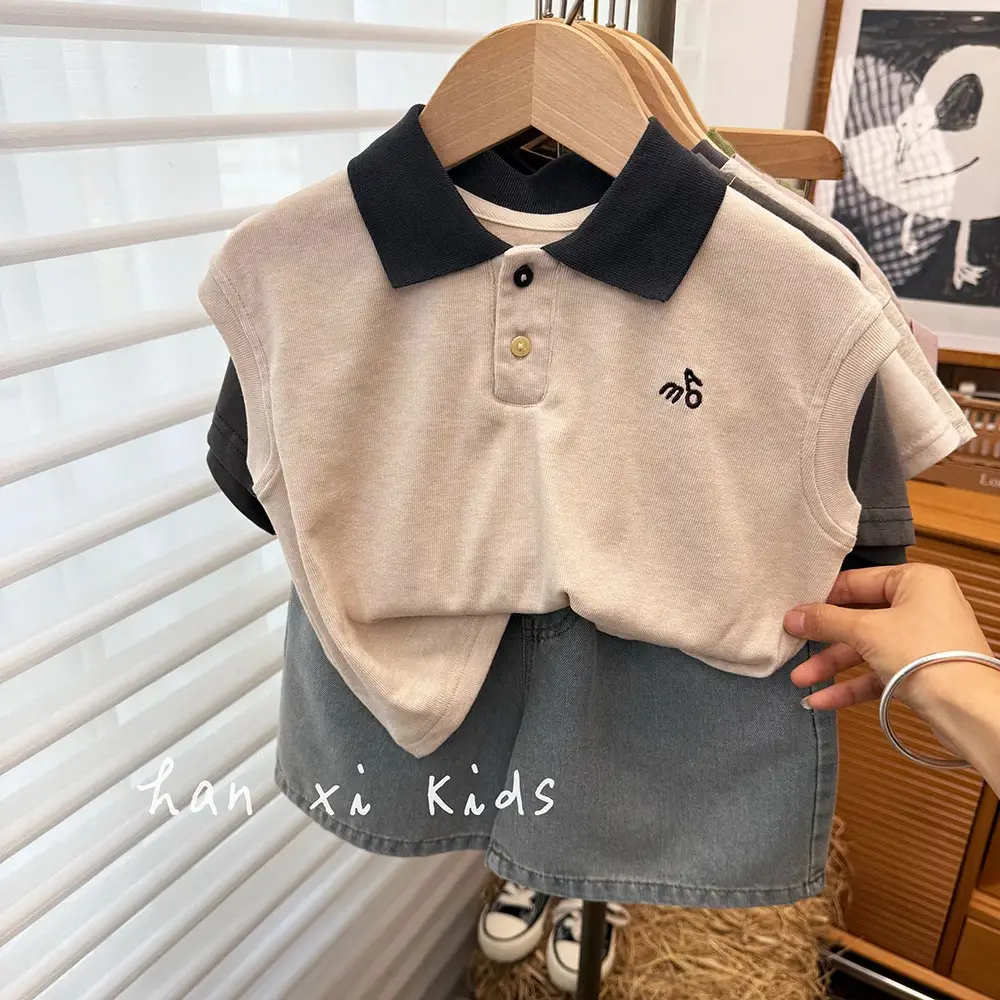 Ningli Boys Sleeveless Polo Shirt Beige Black — feature 7