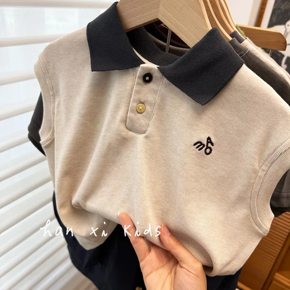 Ningli Boys Sleeveless Polo Shirt Beige Black — feature 8