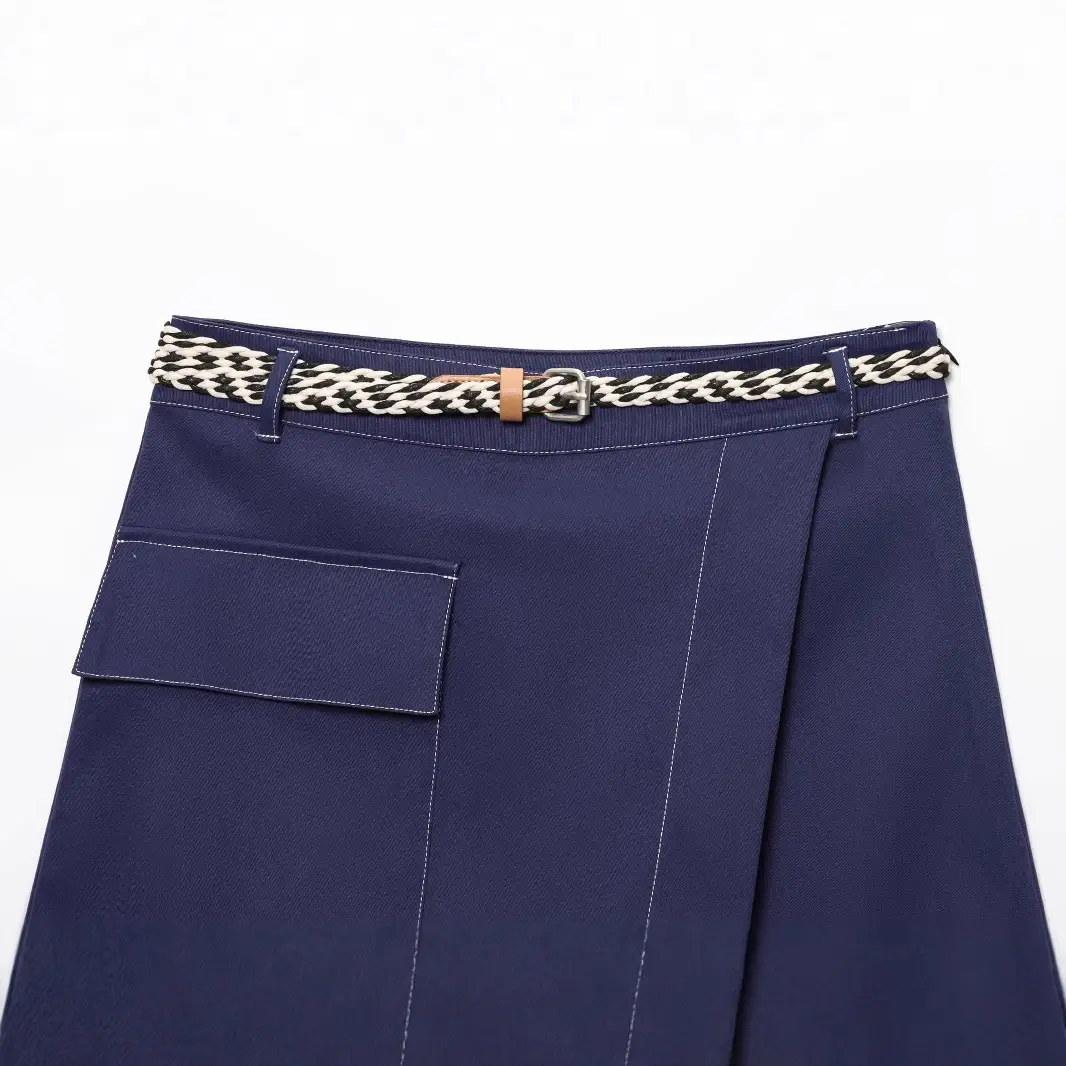 Double Breasted Cross-Border Culottes Navy Blue Belted - Image 3